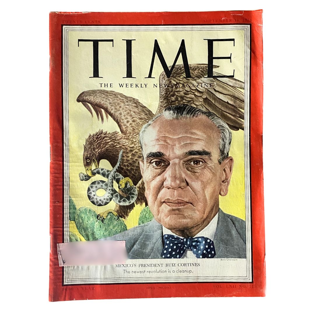 VTG Time Magazine September 14, 1953 Vol 62 No. 11 featuring Mexico's President Ruiz Cortines on the cover, showcasing a historical representation with vivid illustrations and text describing the political landscape of Mexico.