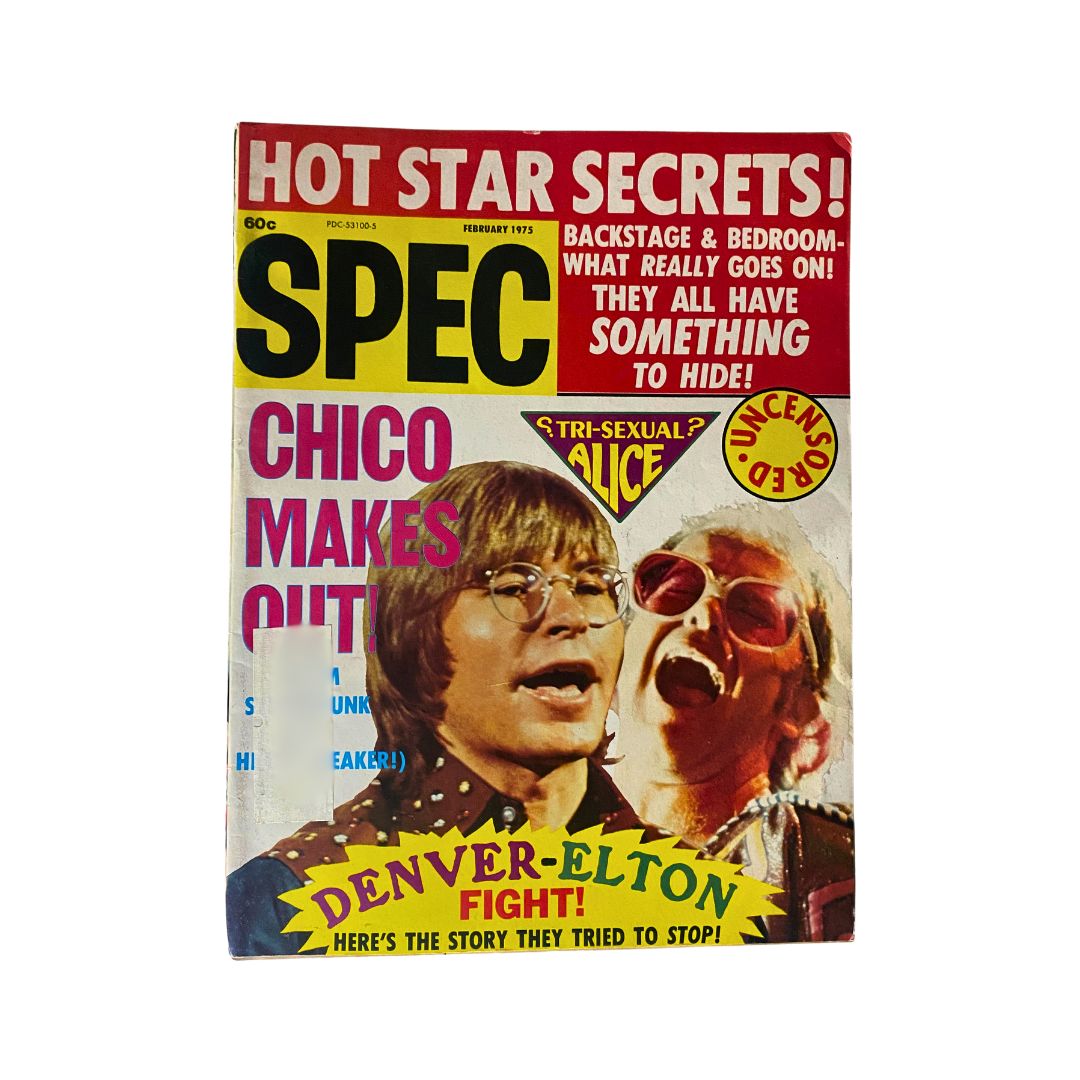 Front cover of VTG SPEC Magazine February 1975 featuring John Denver and Elton John, highlighting articles and an exclusive poster.