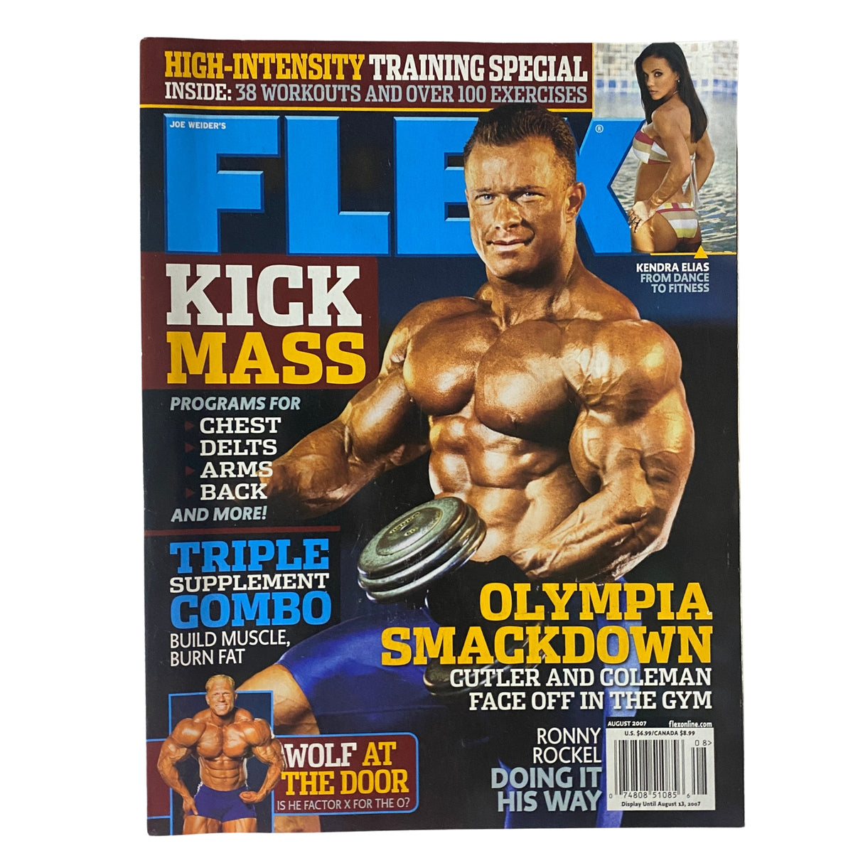 Flex Magazine August 2007 cover featuring Ronny Rockel's bodybuilding physique, along with Kendra Elias and highlights on training techniques for fitness enthusiasts.