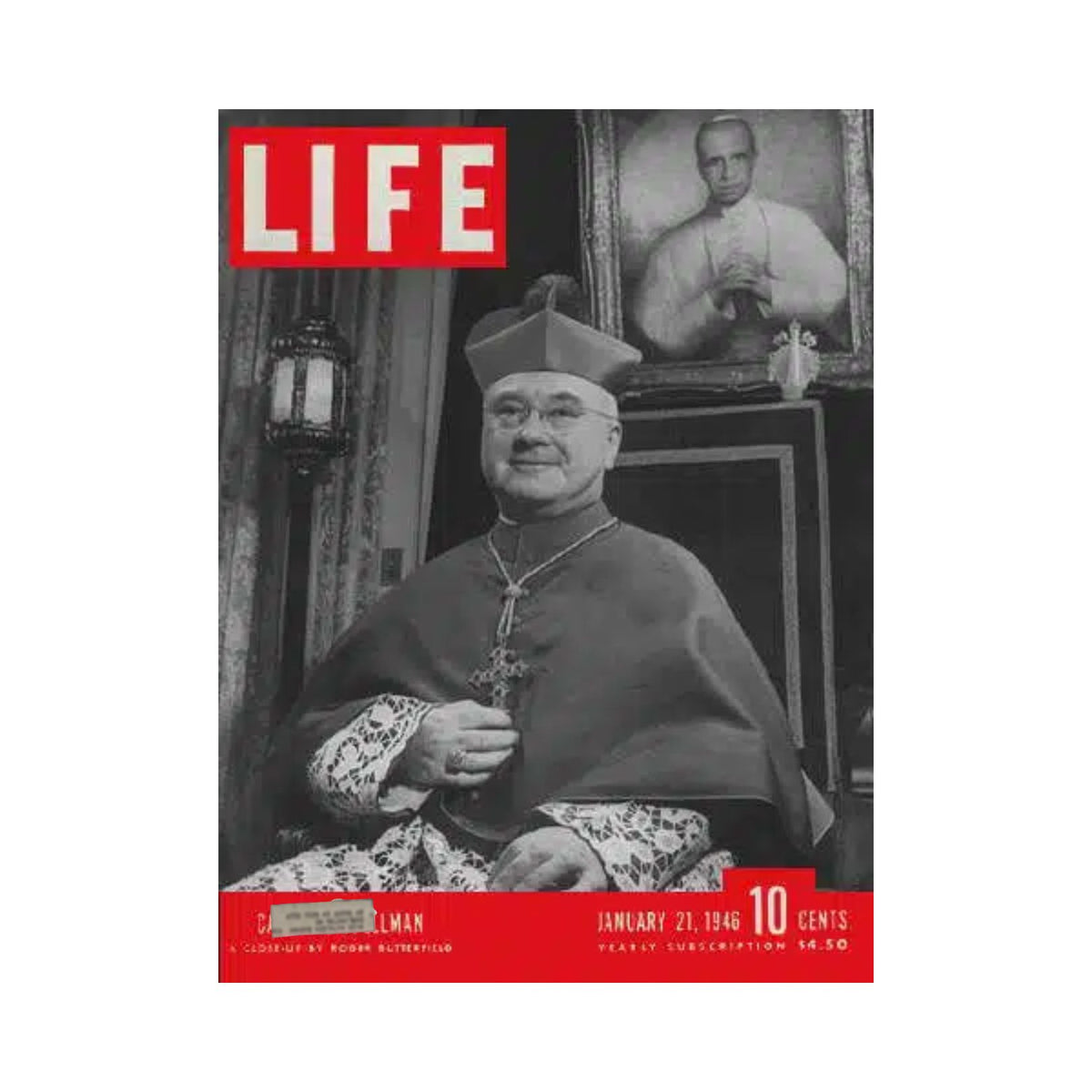 VTG Life Magazine January 21, 1946 Cover featuring Cardinal Spellman, showcasing his portrait and the magazine's iconic red branding.