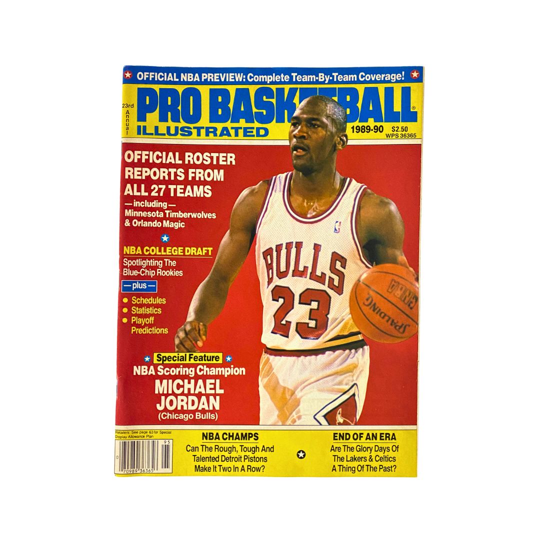 Pro Basketball Illustrated Magazine 1989-1990 featuring Michael Jordan on the cover, showcasing his Chicago Bulls jersey and a basketball, highlighting the official roster reports.
