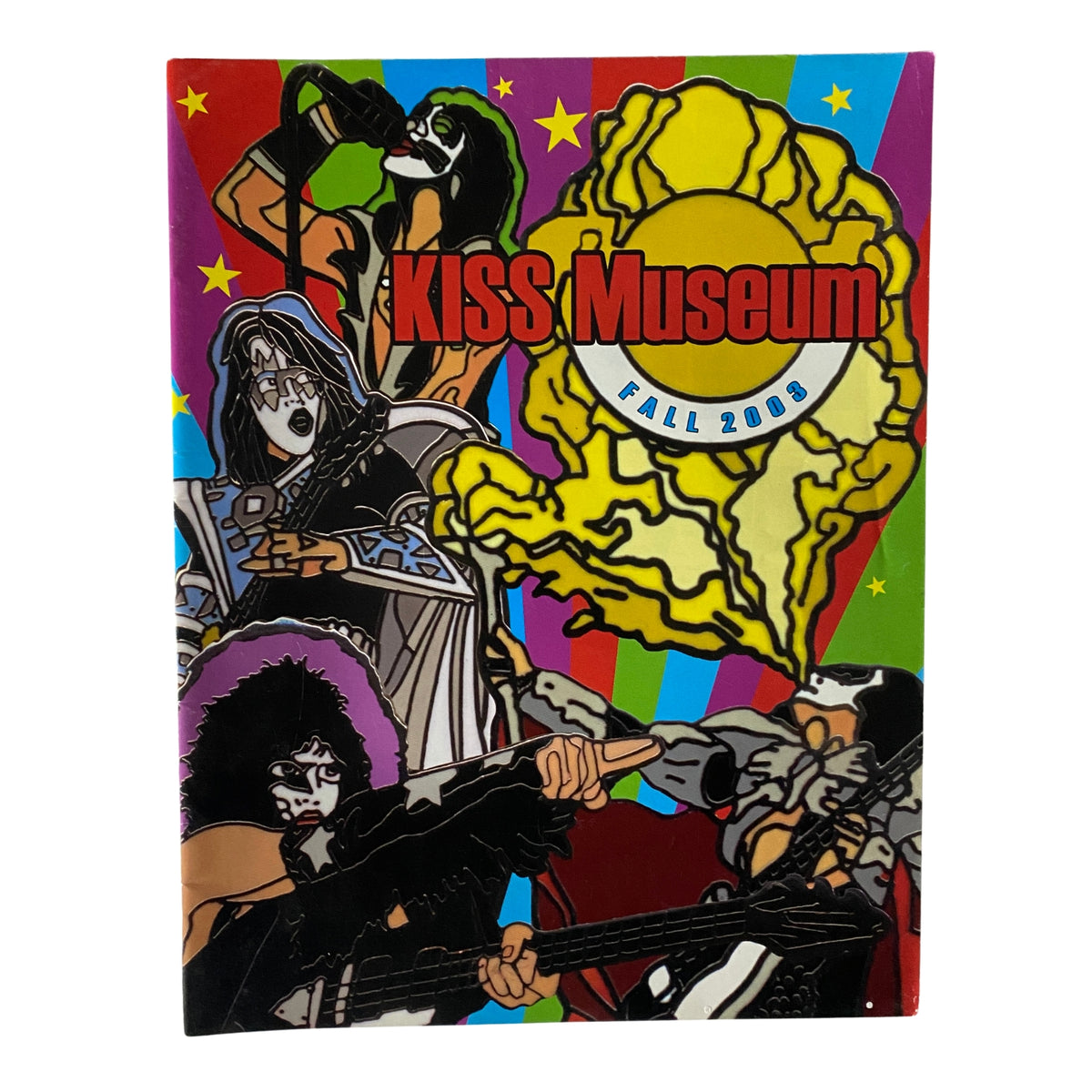 KISS Museum.com Catalog Fall 2003 cover featuring colorful artwork of band members and vibrant designs, perfect for collectors of vintage rock memorabilia.