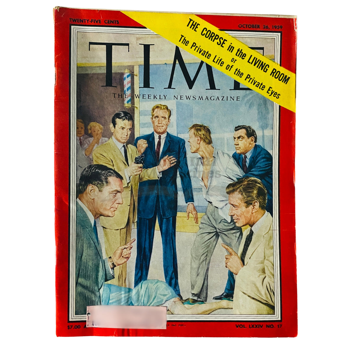 Cover of Time Magazine from October 26, 1959, Volume 74 No. 17 titled 'The Corpse in the Living Room,' featuring a dramatic illustration of people gathered around a living room scene.