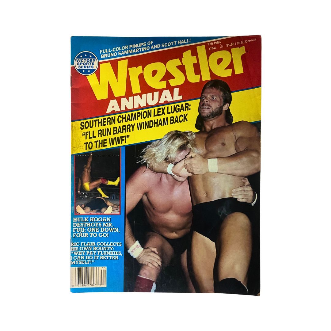 VTG Wrestler Annual Magazine Fall 1986 featuring Lex Luger and Barry Windham on the cover, showcasing classic wrestling imagery and promotional graphics.