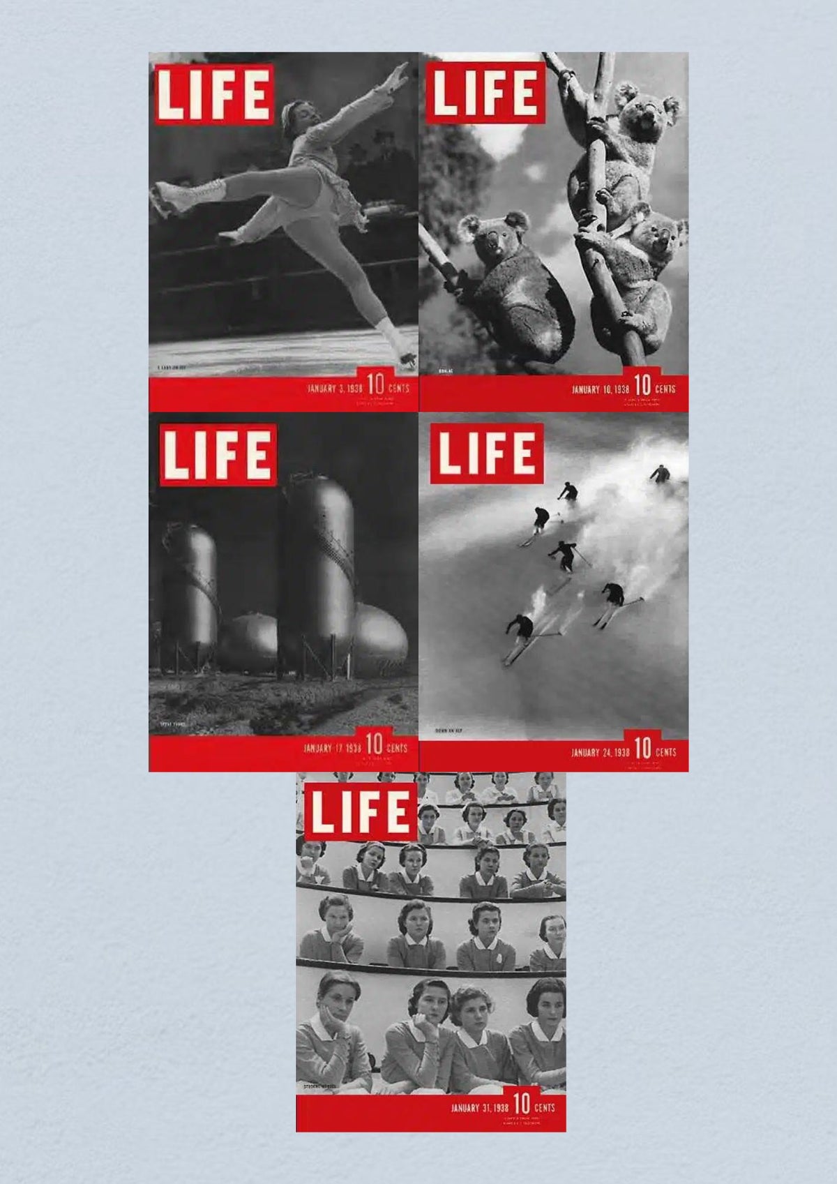 Life Magazine Lot from January 1938 featuring covers for January 3, 10, 17, 24, and 31 showcasing cultural highlights from the era.