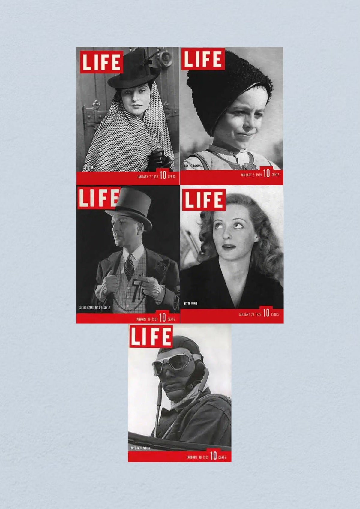 Life Magazine Lot of 5 Full Month of January 1939 showcasing notable covers from January 2, 9, 16, 23, and 30, featuring fashion, culture, and history from the World War II era.