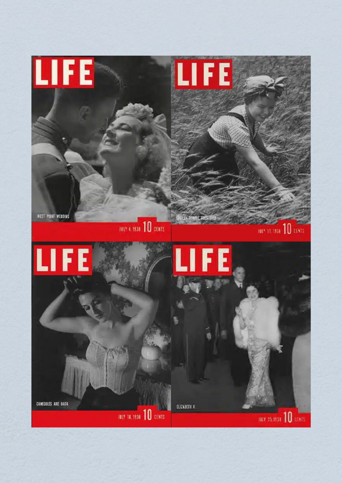 Life Magazine July 25, 1938 cover presenting Elizabeth R, as part of a collection of four full issues from July 1938.