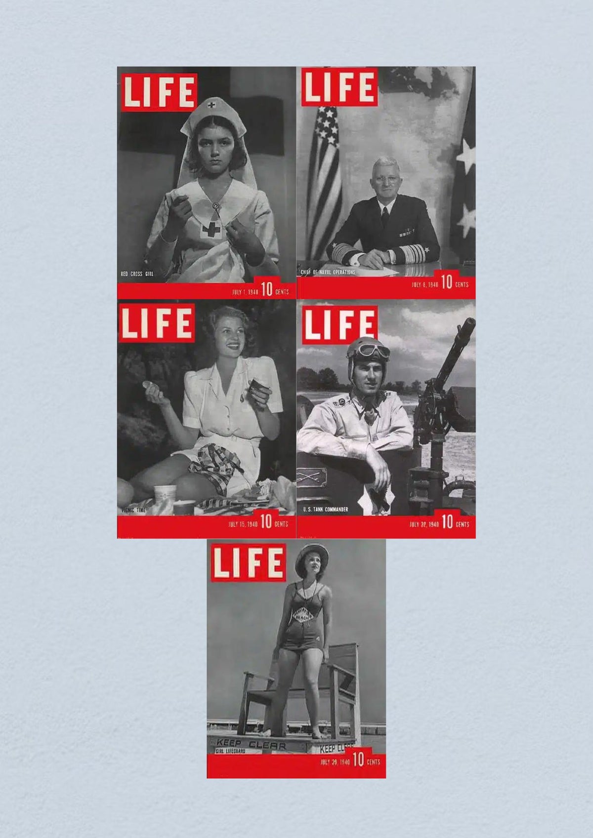Life Magazine July 29, 1940 cover showing a woman in swimwear, part of a collection of 5 full month issues from July 1940.
