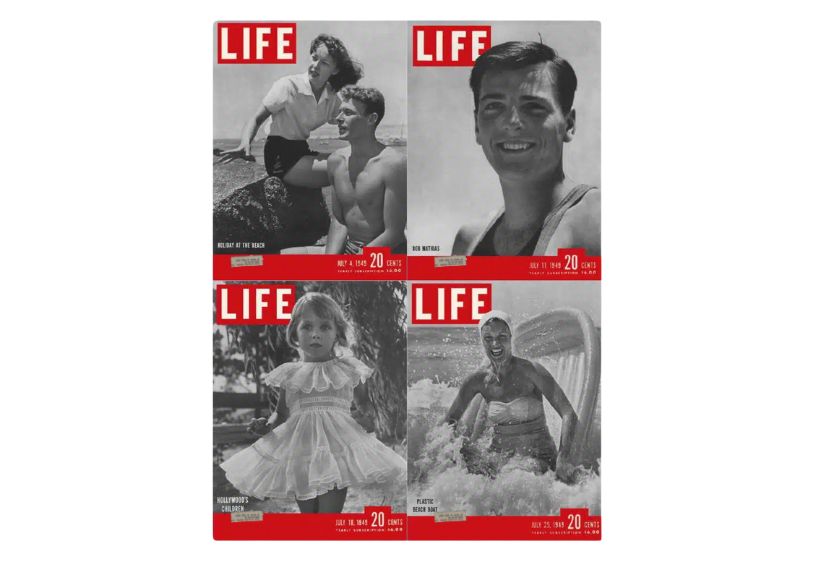 Life Magazine Lot of 4 Full Month of July 1949 featuring captivating covers showcasing themes like beach holidays and Hollywood's charm from the issues dated July 4, 11, 18, and 25. Ideal for collectors and history enthusiasts.