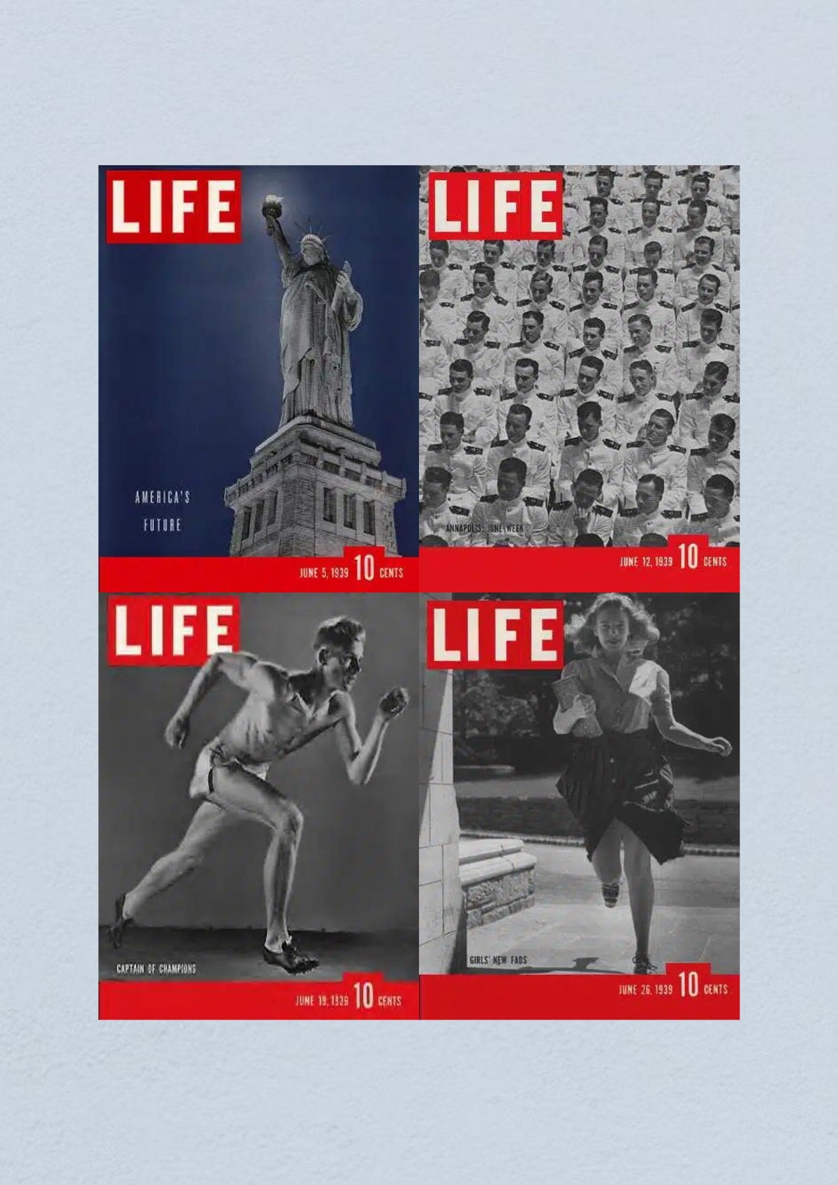 Life Magazine Lot of 4 Full Month of June 1939 featuring covers for June 5, 12, 19, and 26, showcasing historical themes including America's future with the Statue of Liberty, Annapolis Commencement, Captain of Champions, and Girls' New Fads.