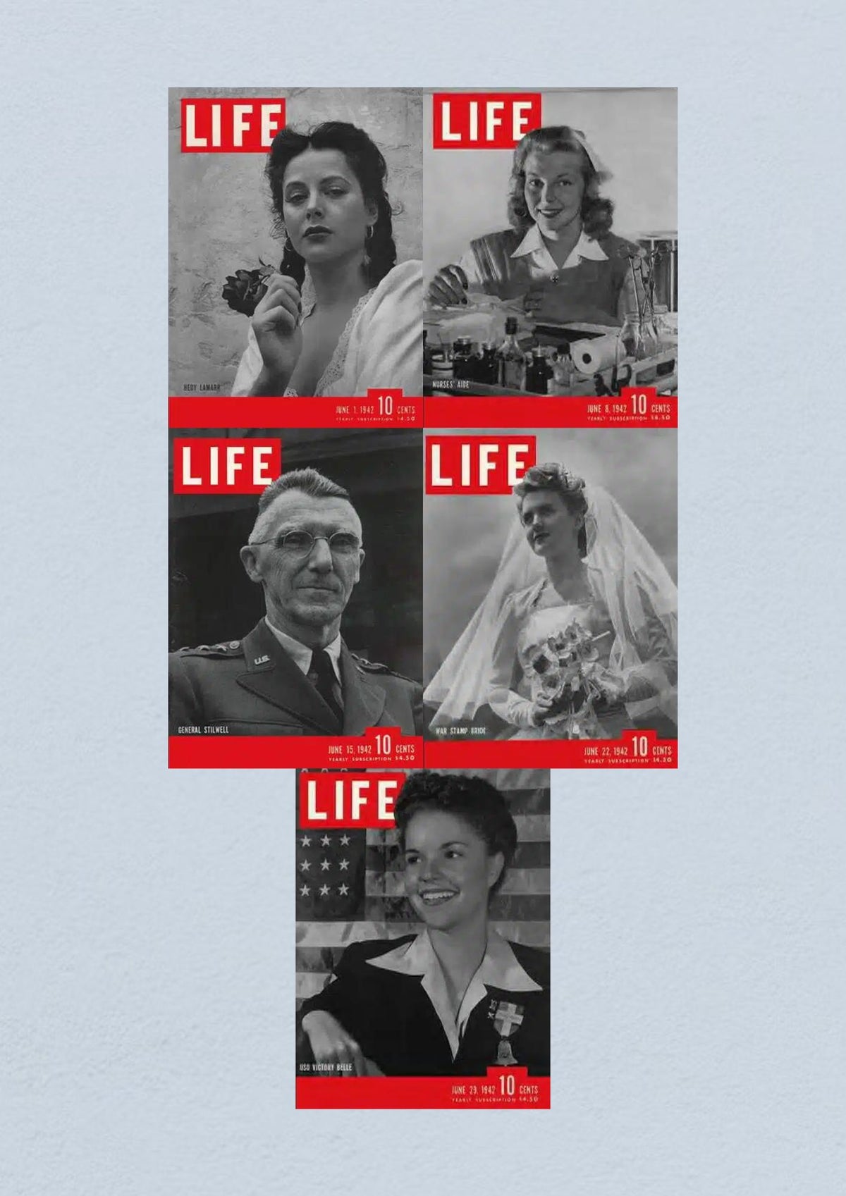 Collection of Life Magazine covers from June 1942 showcasing prominent figures and themes from World War II. Featuring Hedy Lamarr, Nurse Aide Lorraine Ames, General Stilwell, War Stamp Bride, and a Victory Belle from June 29.
