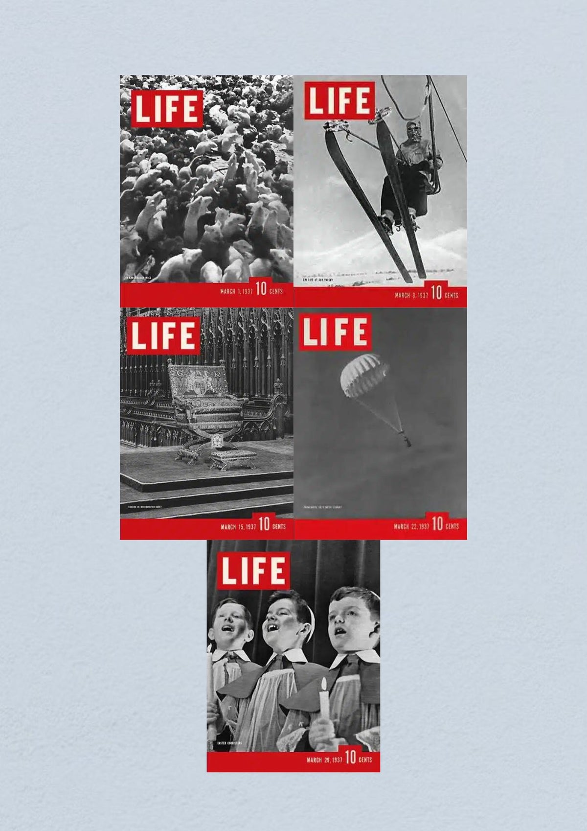 Life Magazine Lot of 5 including covers from March 1, 8, 15, and 22, 1937, showcasing historical events and cultural insights.