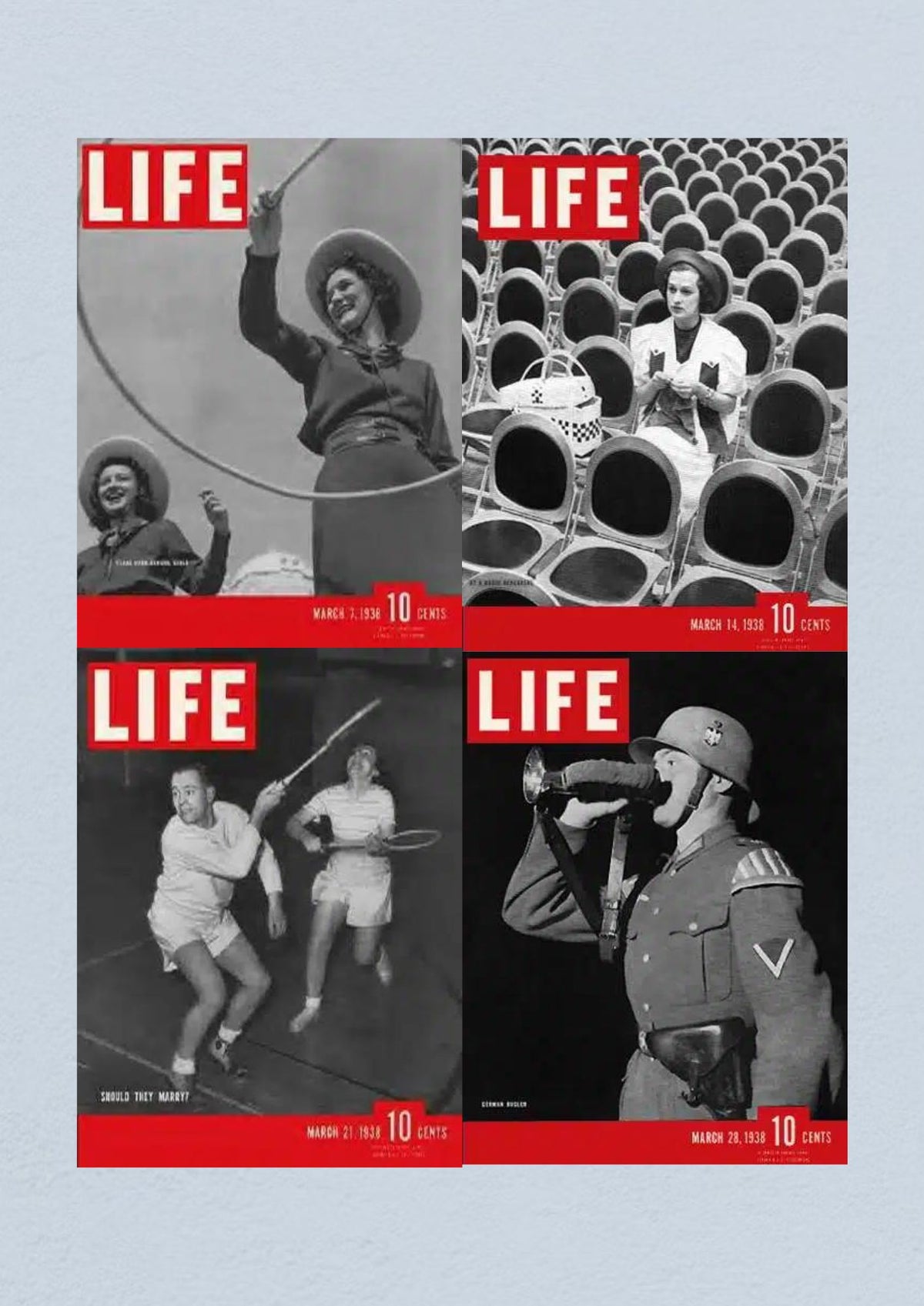 Life Magazine March 28, 1938 cover featuring a soldier blowing a horn, part of the Life Magazine Lot of 4 Full Month of March 1938.