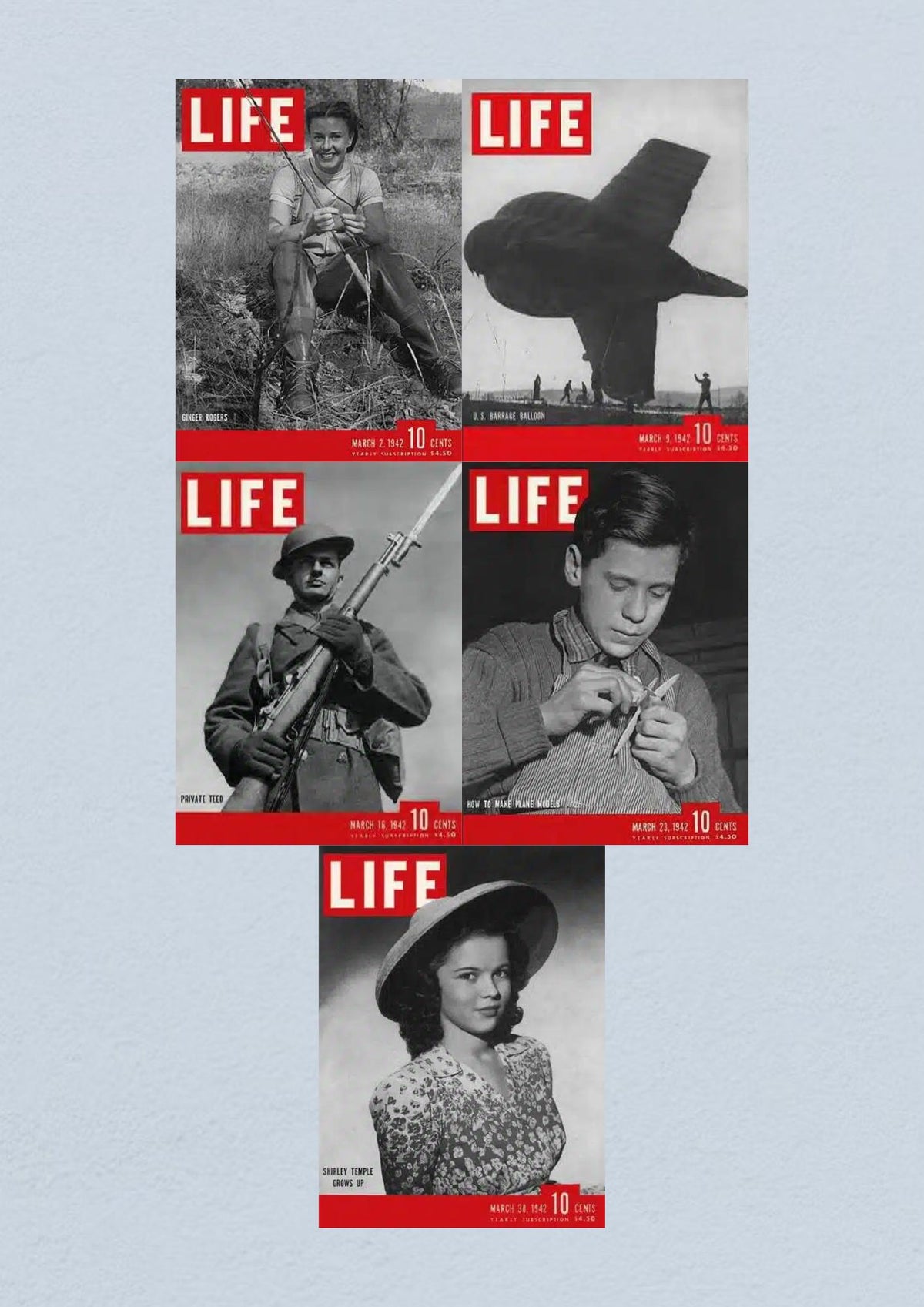 Life Magazine March 30, 1942 cover highlighting Shirley Temple, part of a collection of 5 full issues from March 1942 showcasing WWII insights.