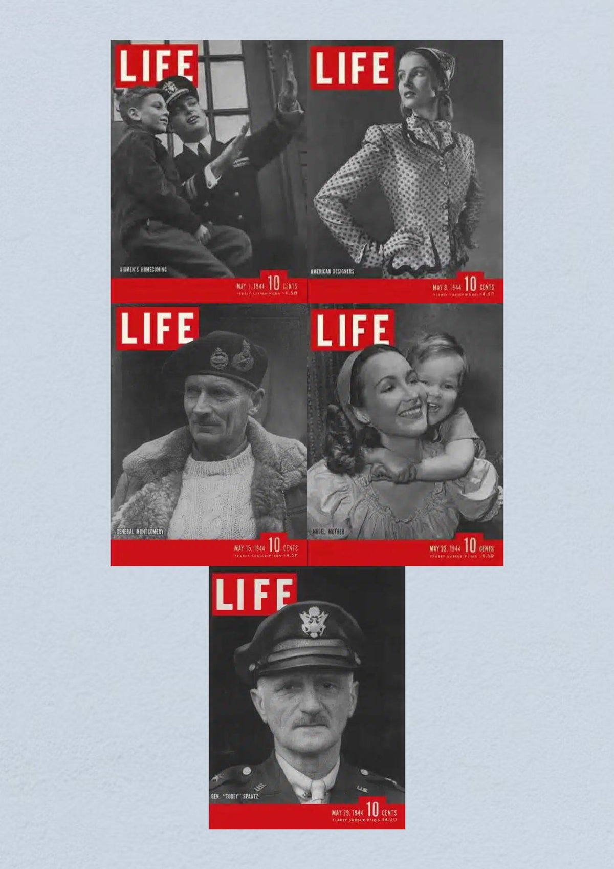 Collage of Life Magazine covers from May 1944, featuring editions from the 1st, 8th, 15th, 22nd, and 29th with themes including U.S. Navy Pilot homecoming, American fashion designers, General Montgomery, Model Mother Natalie Reid, and General 'Tooey' Spaatz. Life Magazine Lot of 5 Full Month of May 1944.