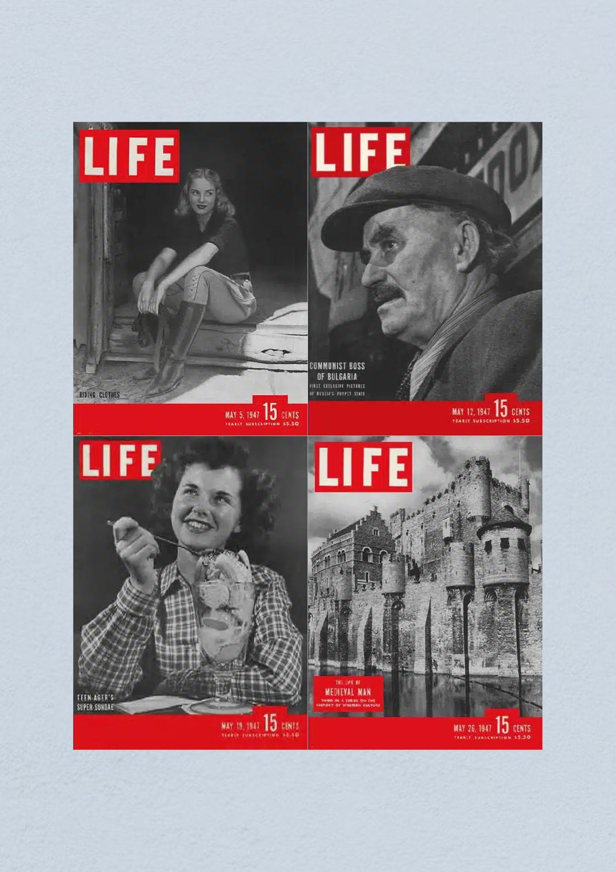 Life Magazine Lot of 4 Full Month of May 1947, featuring covers with riding outfits from May 5, 1947, the Communist Boss of Bulgaria from May 12, 1947, Teen-ager's Super Sundae from May 19, 1947, and Medieval Man from May 26, 1947.