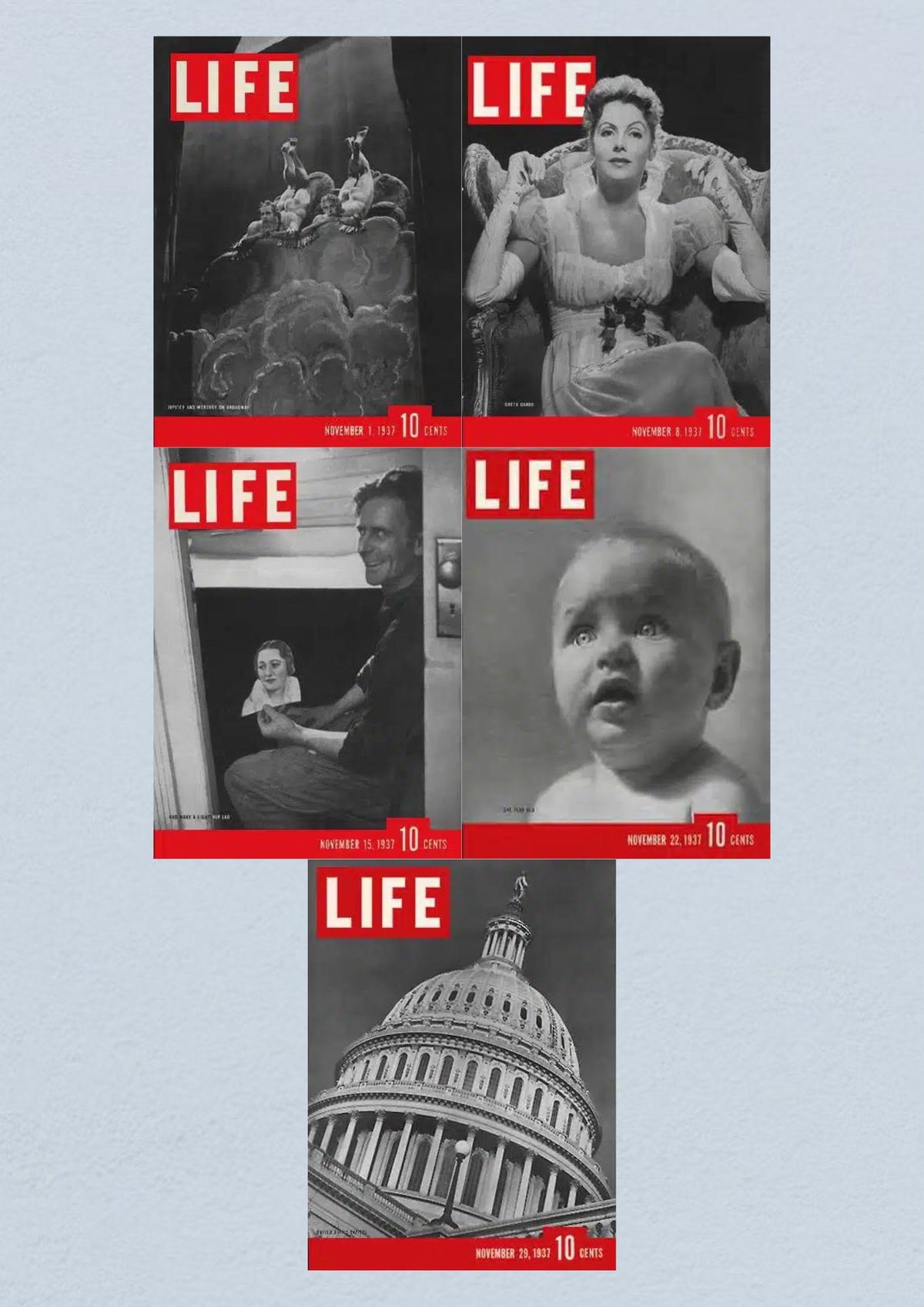 Cover of Life Magazine Lot of 5 Full Month of November 1937 featuring artworks and notable figures from each week: November 1 with an artistic painting, November 8 showcasing a famous actress, November 15 with a candid photo of a man and a painting, November 22 featuring a baby's portrait, and November 29 highlighting the U.S. Capitol.