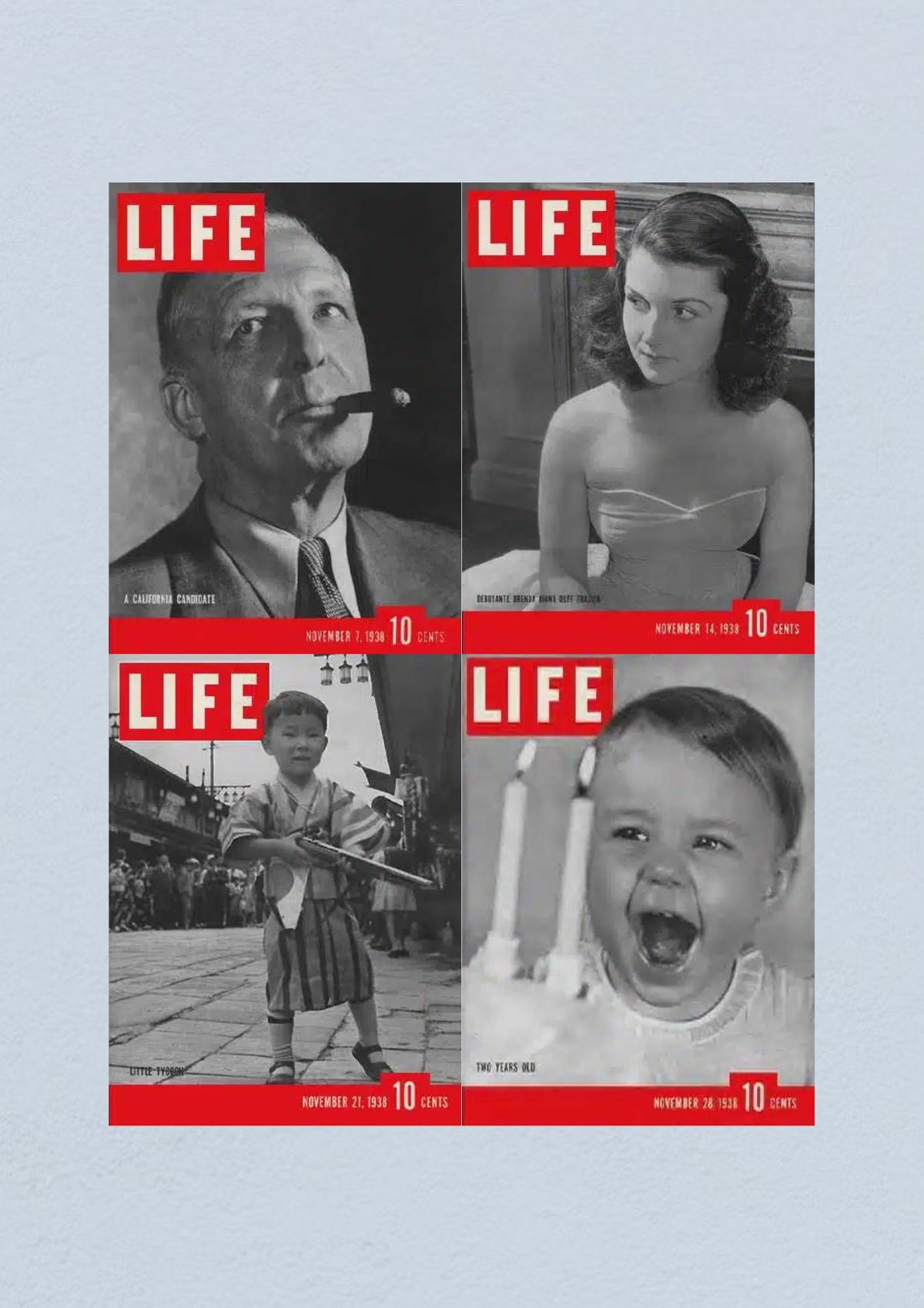 Life Magazine cover from November 28, 1938, showing a joyful child celebrating with candles, part of a lot of four magazines from November 1938.