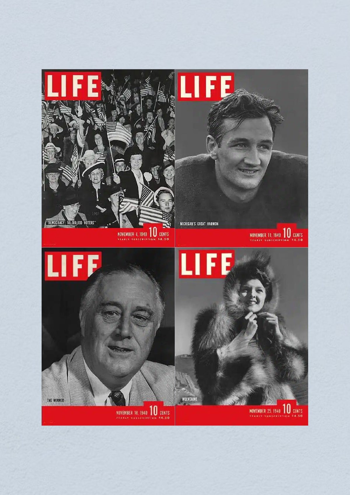 Life Magazine Lot of 4 Full Month November 1940 covers featuring vibrant images of U.S. voters at a rally, Michigan football star Tom Harmon, President Franklin D. Roosevelt, and a fashionable woman in fur, capturing significant moments of American culture and politics during the presidential election.