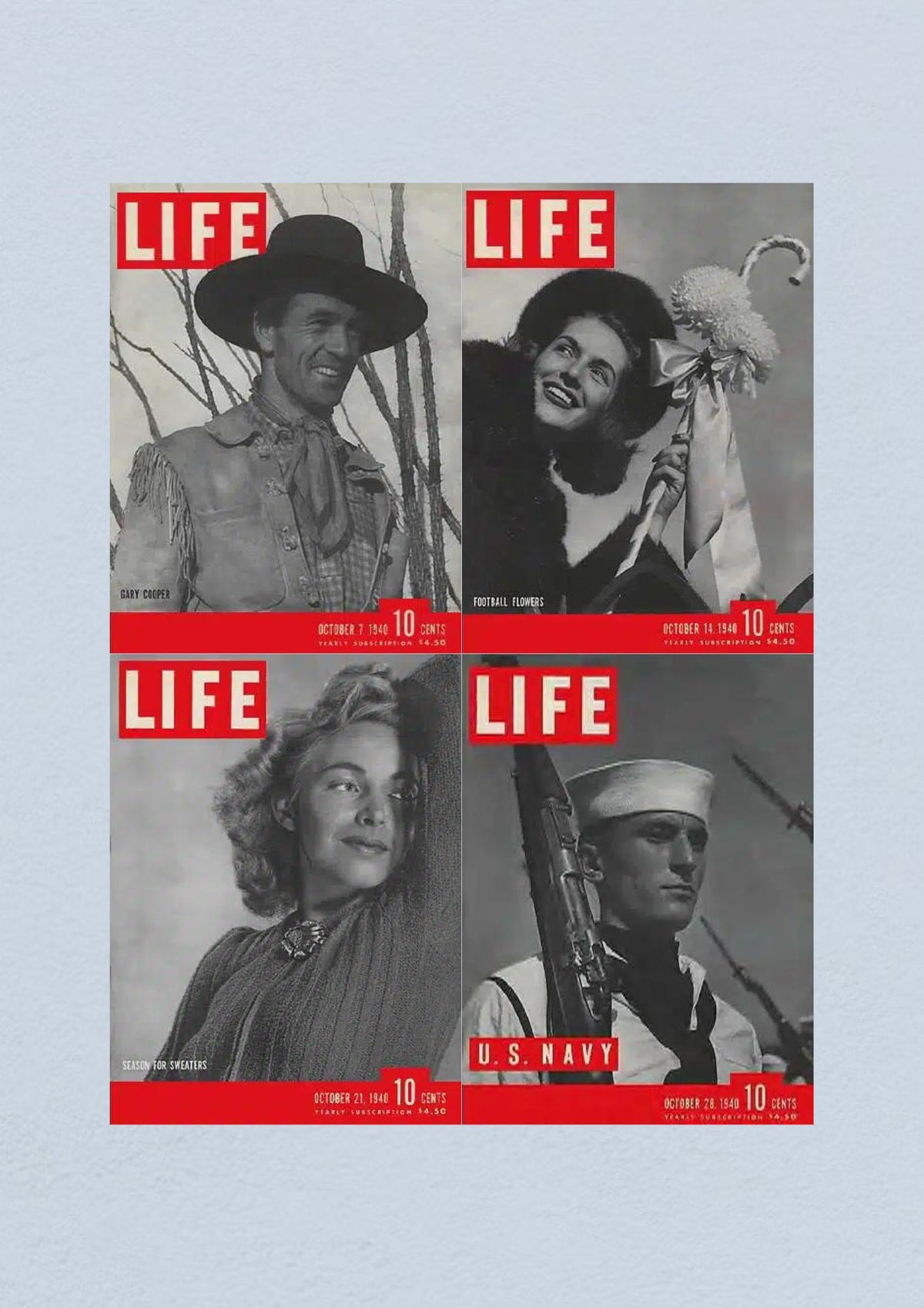 Life Magazine cover for October 28, 1940 featuring a U.S. Navy sailor. Represents military themes in early WWII.
