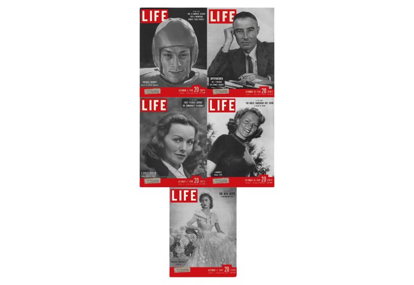 Collection of five Life Magazine issues from October 1949, featuring covers dated October 3, 10, 17, 24, and 31, highlighting historical events and cultural moments related to J. Robert Oppenheimer.