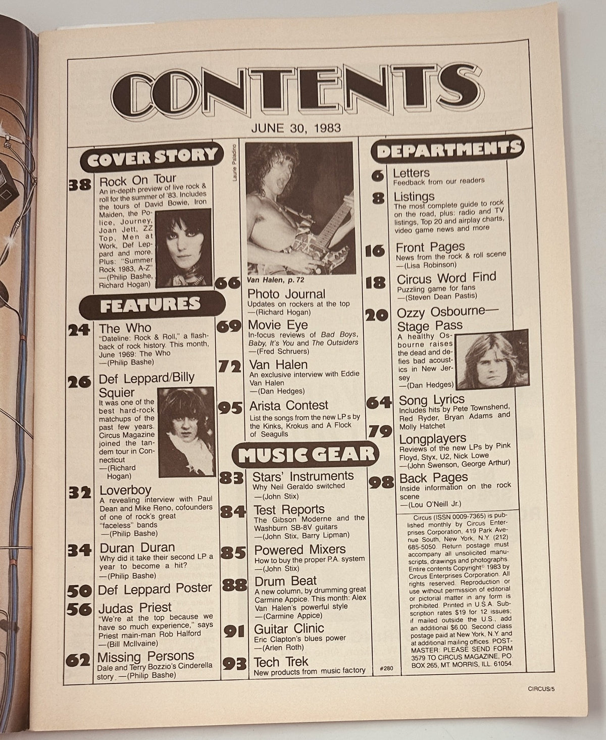 Table of contents for Circus Magazine June 30, 1983, detailing featured articles on rock legends, including Van Halen, The Who, and Def Leppard among others.