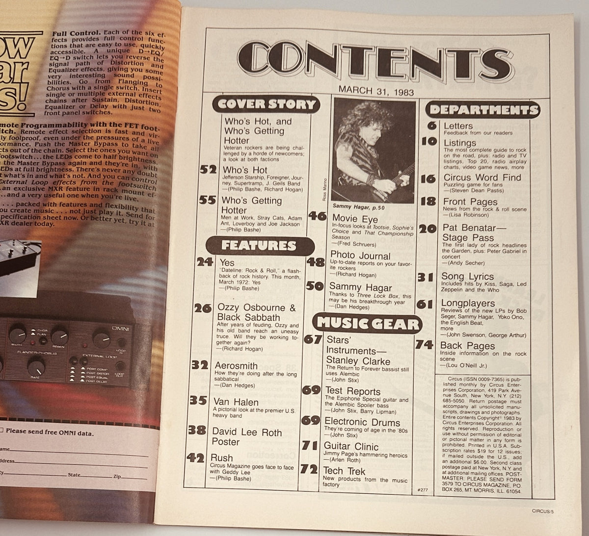 Table of Contents from Circus Magazine March 31, 1983, listing features such as 'Ozzy Osbourne & Black Sabbath', 'David Lee Roth Poster', and 'Aerosmith'.