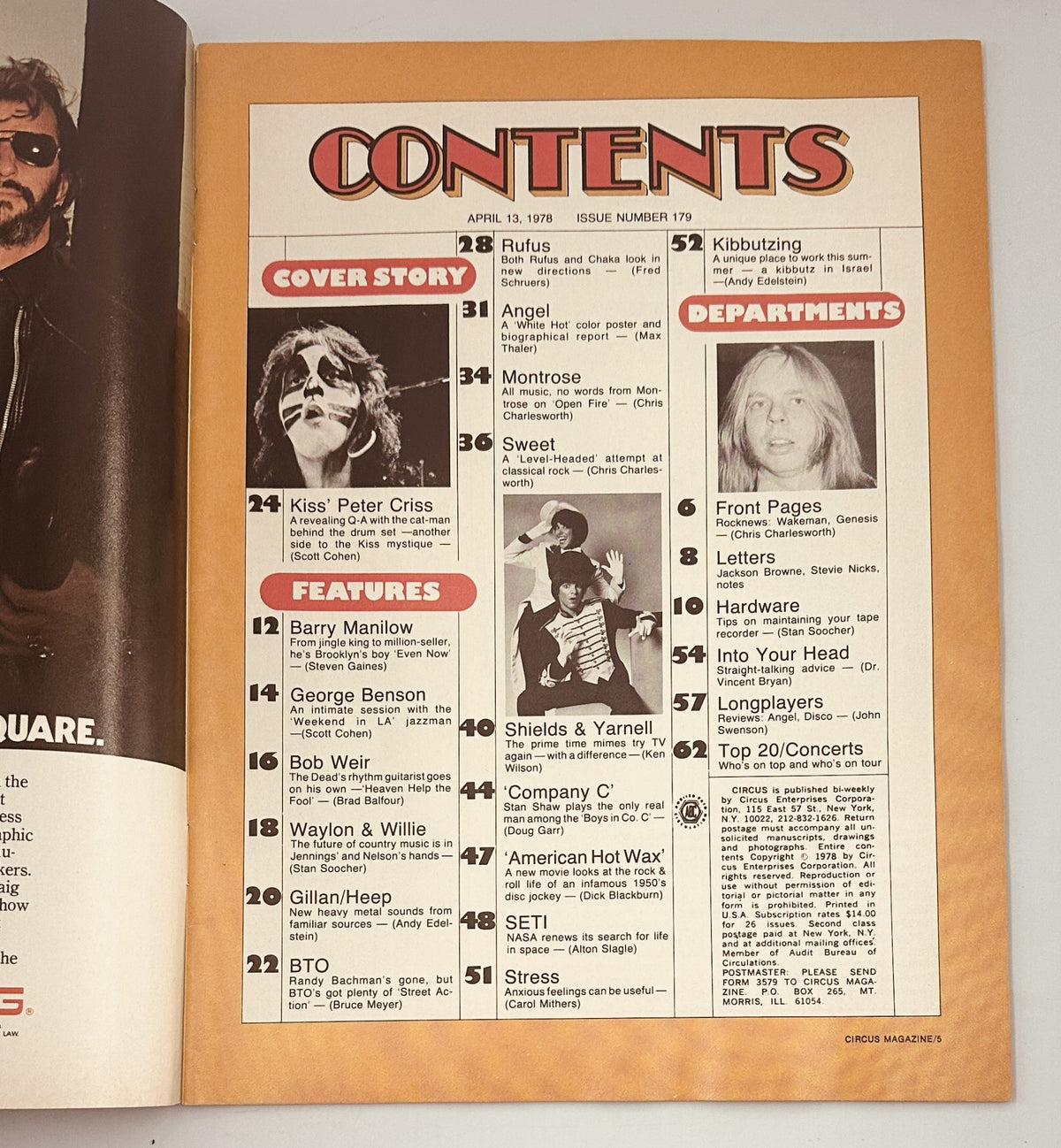 Table of Contents from Circus Magazine April 13, 1978, listing articles on Kiss Peter Criss, George Benson, Rufus, and more, showcasing music features and insights.