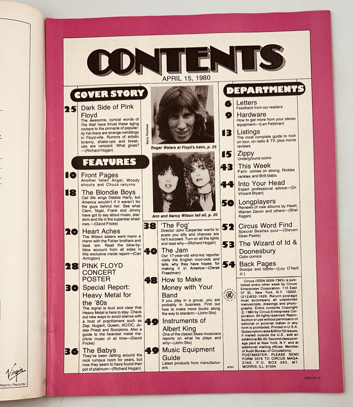 Table of contents page from Circus Magazine April 15, 1980 highlighting articles on Pink Floyd, Heart, Blondie, and more.