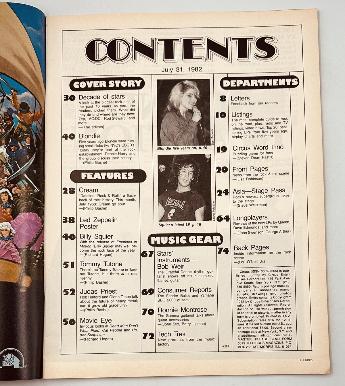 Table of Contents from Circus Magazine July 31, 1982 featuring articles on decades of rock stars, Blondie, Led Zeppelin, and more.