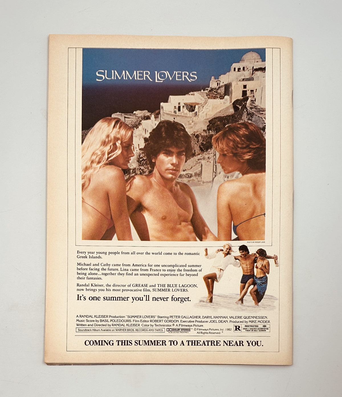 Advertisement for the movie Summer Lovers in Circus Magazine July 31, 1982, depicting a romantic beach scene with the tagline 'It's one summer you'll never forget'.