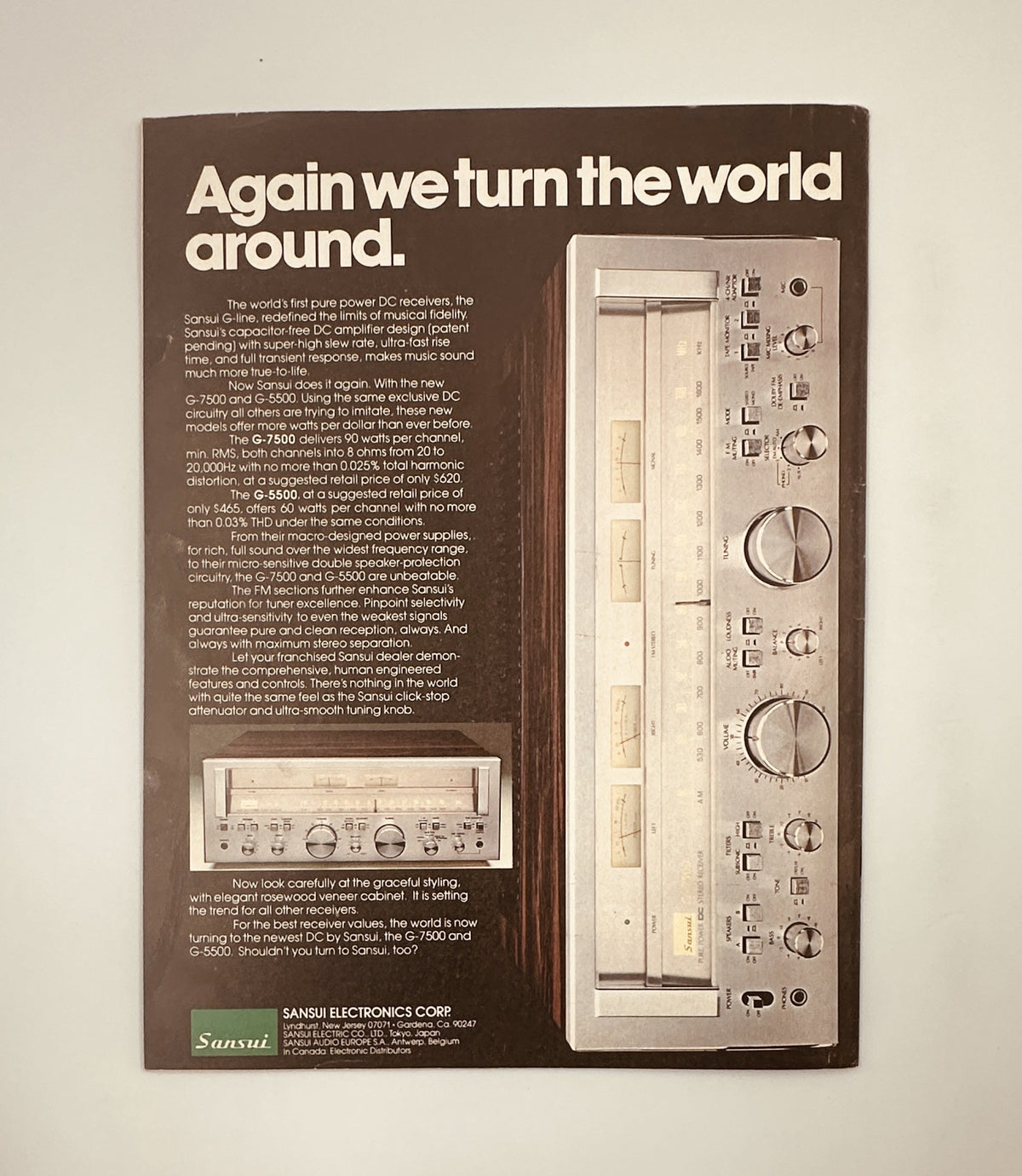 Vintage advertisement from Circus Magazine March 20, 1979, promoting Sansui electronics with the slogan 'Again we turn the world around'.