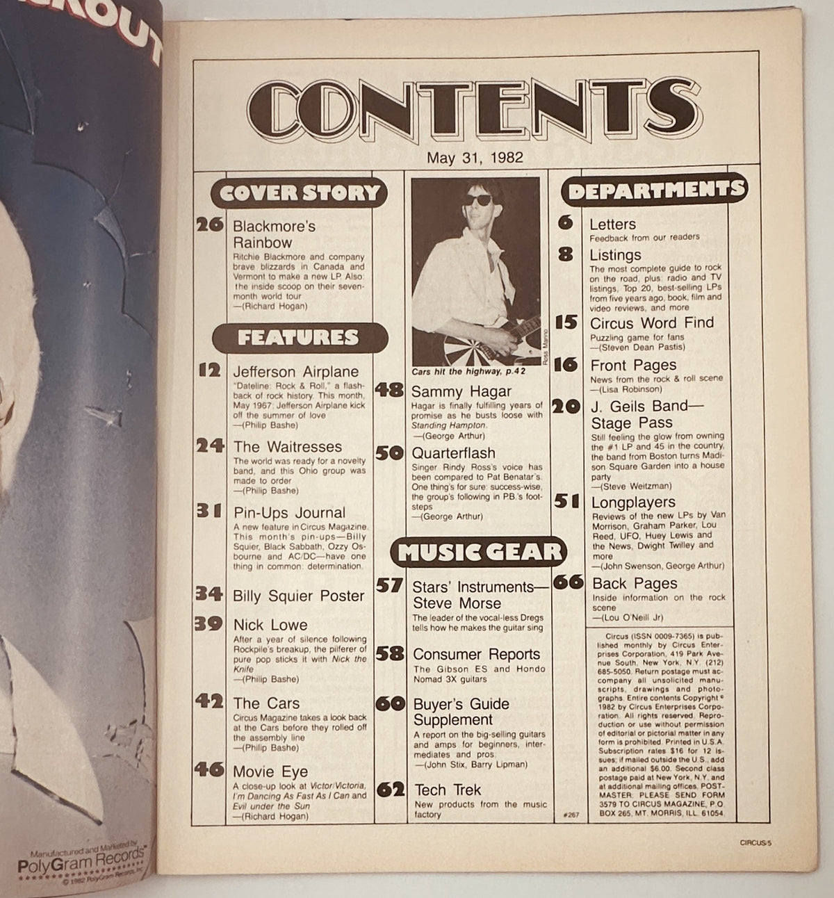 Contents page of Circus Magazine dated May 31, 1982 featuring a cover story on Blackmore's Rainbow and notable features on Jefferson Airplane, Sammy Hagar, and Billy Squier.