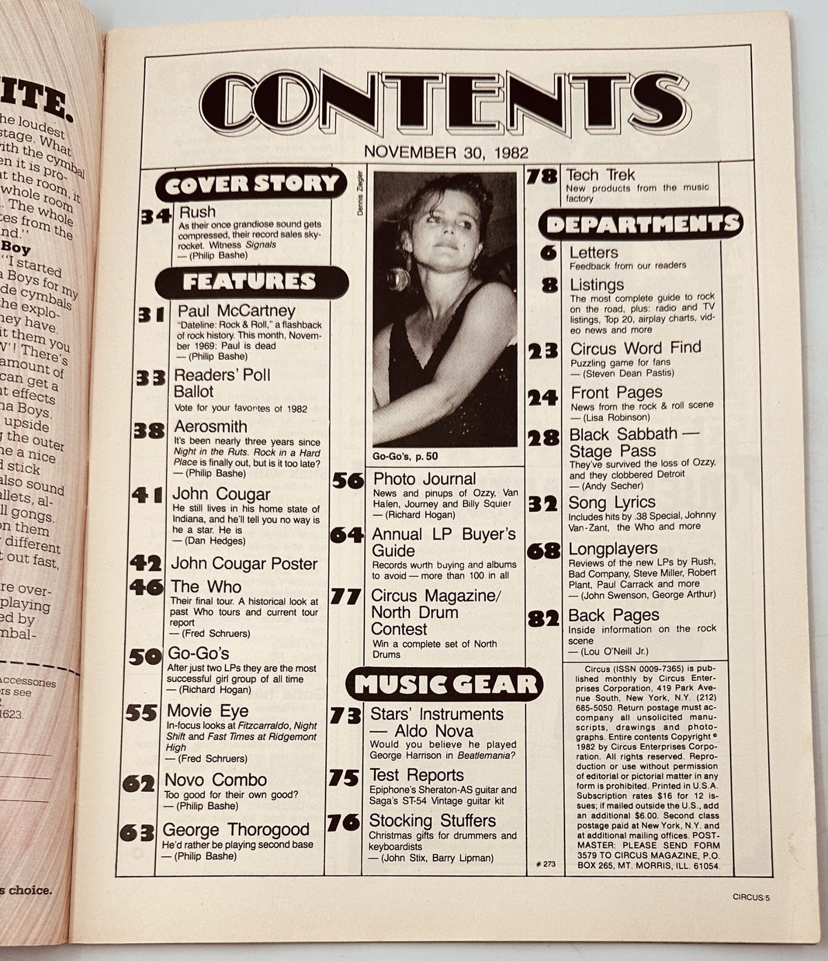 Table of contents from Circus Magazine dated November 30, 1982, listing features including cover story on Rush, articles on Paul McCartney, John Cougar, The Who, and upcoming music gear reviews.