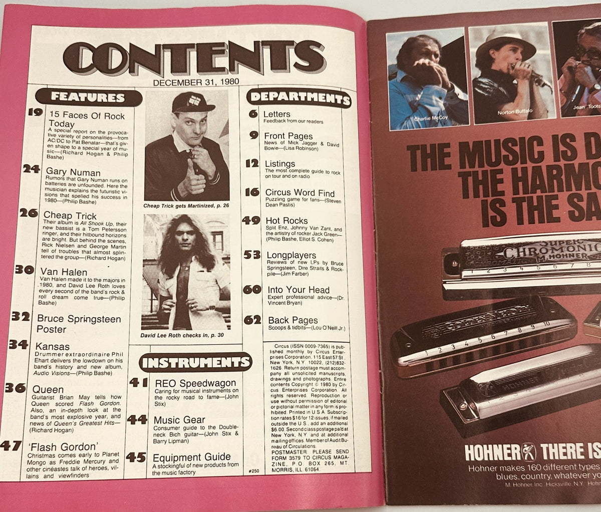 Circus Magazine December 31, 1980 Table of Contents showcasing features like '15 Faces Of Rock Today', 'Gary Numan', and 'Bruce Springsteen Poster'.