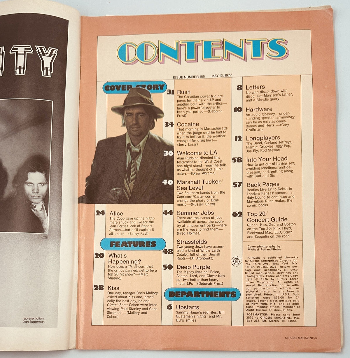 Inside page showing the Table of Contents from Circus Magazine May 12, 1977. The contents list features articles about Rush, Cocaine, and Deep Purple, providing an overview of the issue's topics.