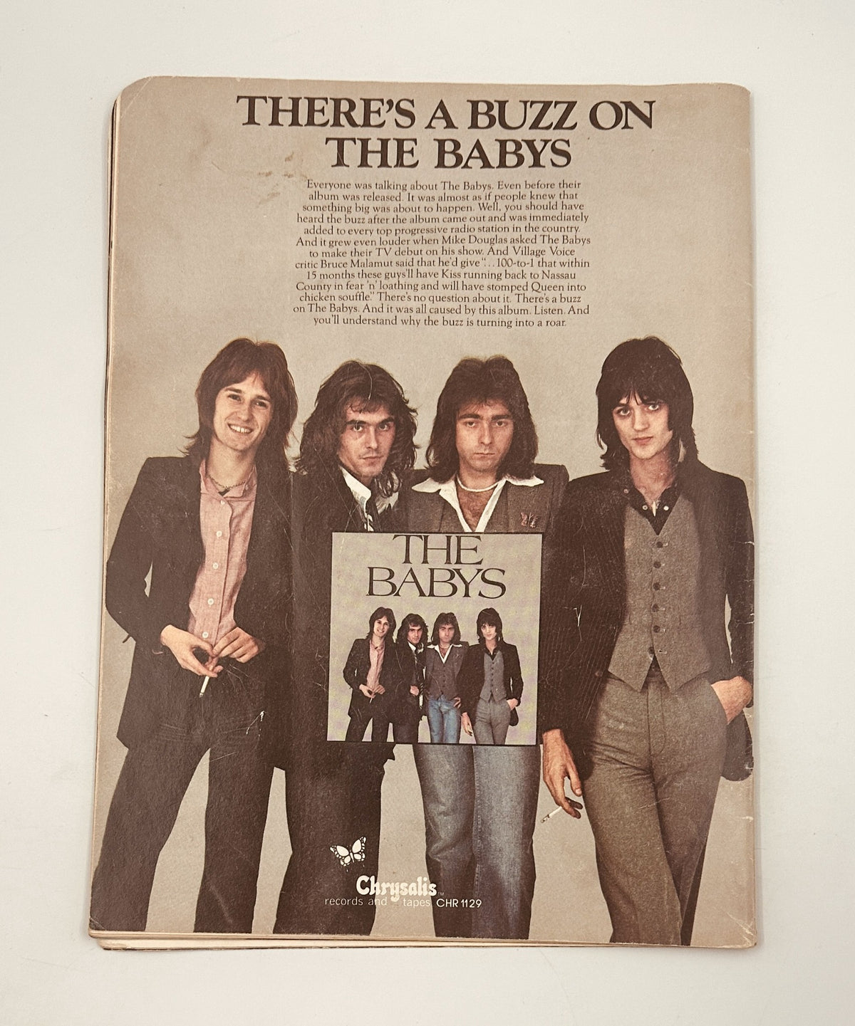 The Babys featured in Circus Magazine May 12, 1977, depicting the band's stylish look as they promote their music, representing the rock and pop culture of the late 1970s.