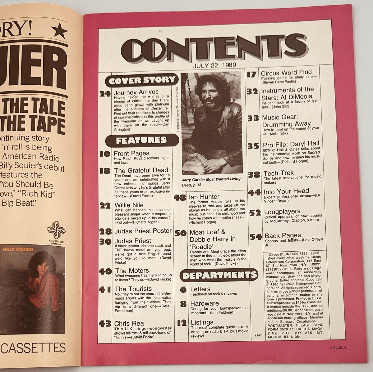 Contents page of Circus Magazine from July 22, 1980, detailing features on Journey, Grateful Dead, Judas Priest, and special departments.