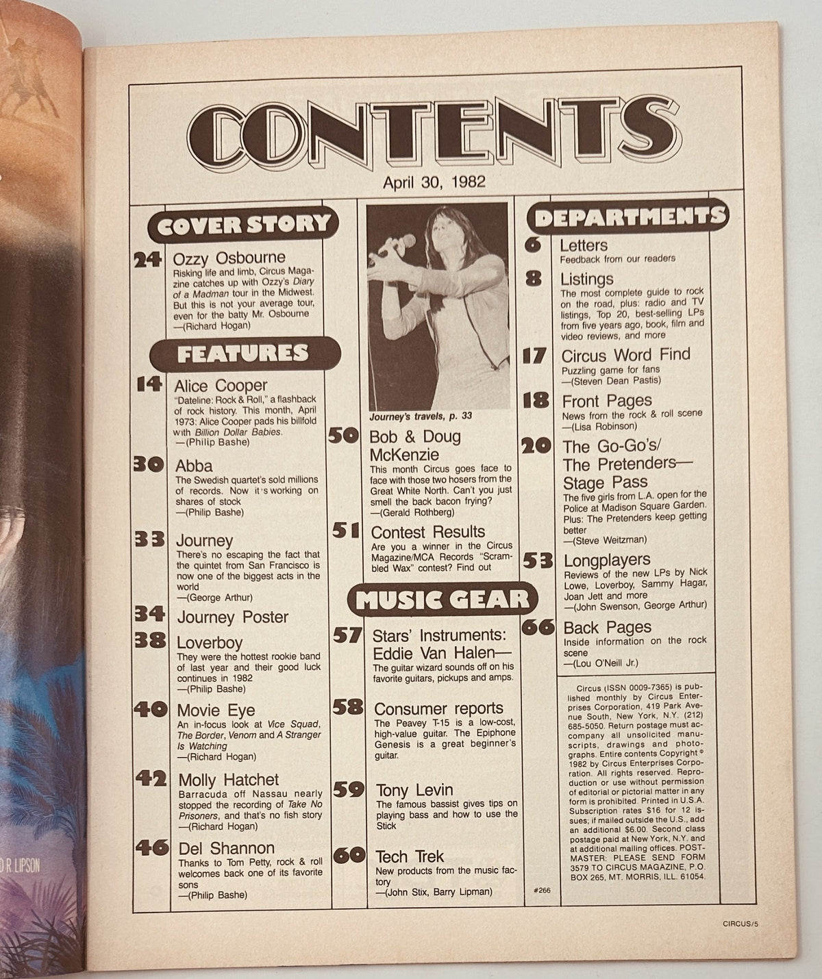 Table of Contents for Circus Magazine April 30, 1982, listing features including Ozzy Osbourne, Alice Cooper, Journey, and music gear.