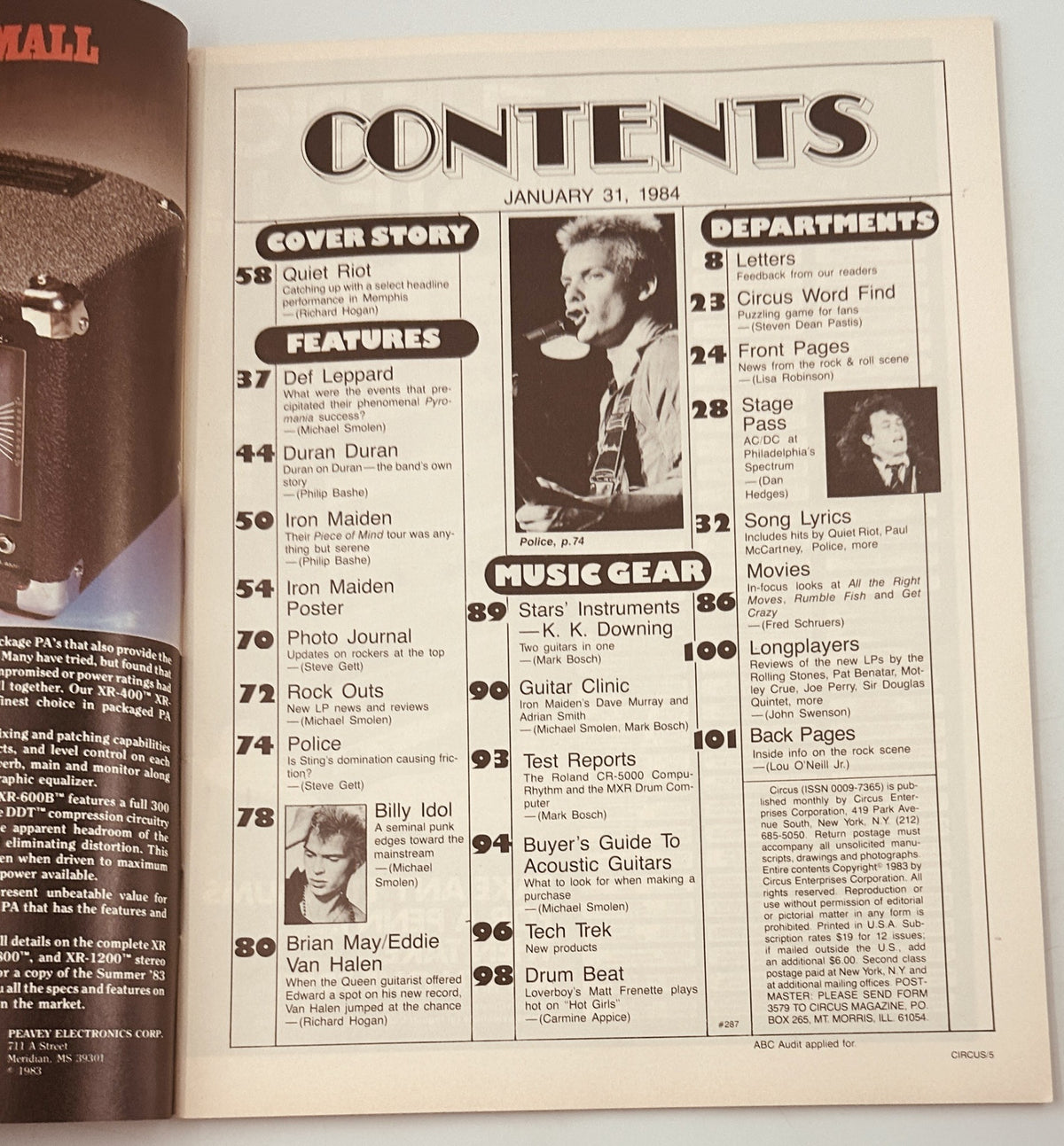 Table of Contents from Circus Magazine January 31, 1984 featuring Quiet Riot, Def Leppard, and Van Halen.