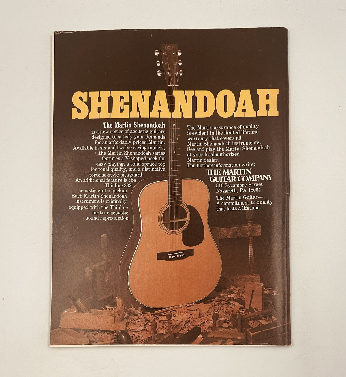 Advertisement for Martin Shenandoah guitar from Circus Magazine January 31, 1984 highlighting the quality and features of the instrument.