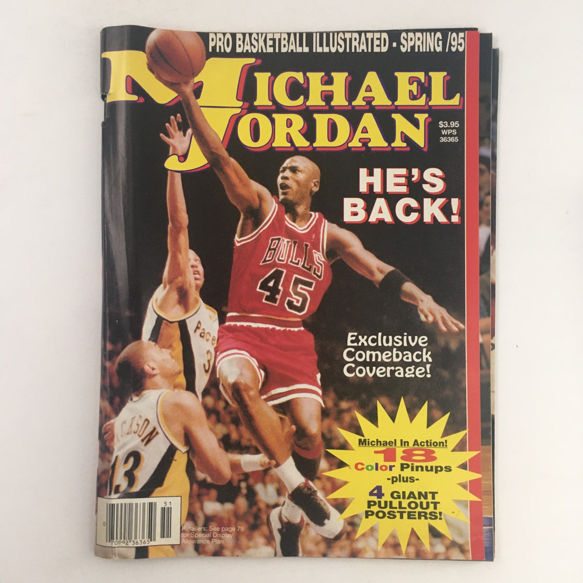 Cover of Pro Basketball Illustrated Spring 1995 featuring Michael Jordan in a Chicago Bulls uniform, with the headline 'HE'S BACK!' and exclusive comeback coverage.