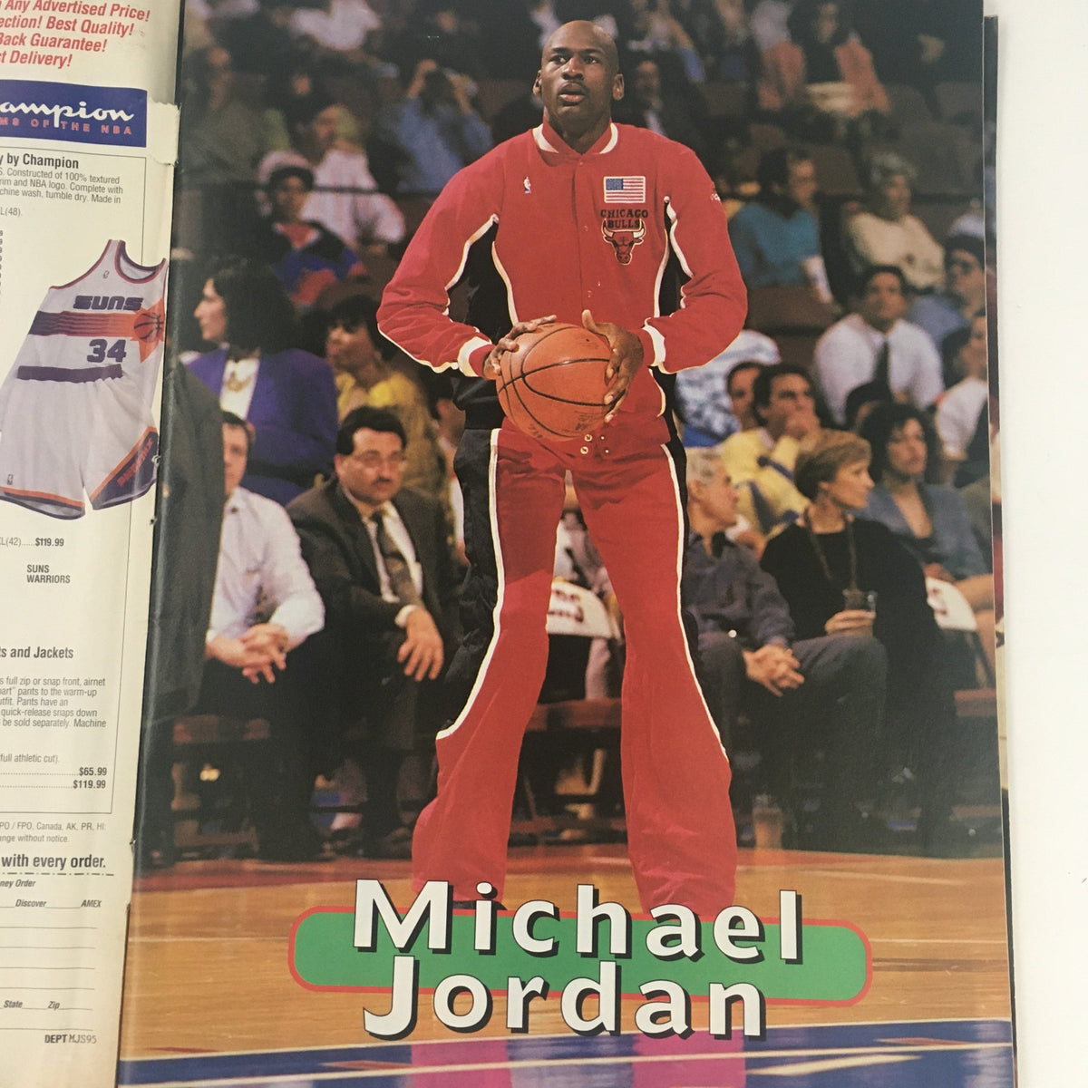 An iconic image of Michael Jordan in a Chicago Bulls warm-up suit, featured in Pro Basketball Illustrated Spring 1995.