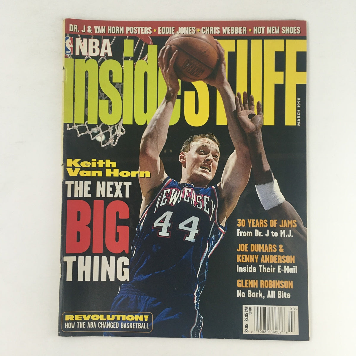 Cover of Inside Stuff Magazine March 1998 featuring Keith Van Horn with the tagline 'The Next Big Thing'. Highlights include articles about 30 years of basketball history and NBA player insights.