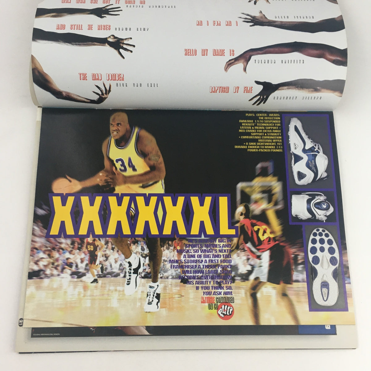 Inside page of Inside Stuff Magazine March 1998 showcasing an advertisement with a basketball theme, featuring a prominent image of NBA player Shaquille O'Neal with shoes and style highlights.
