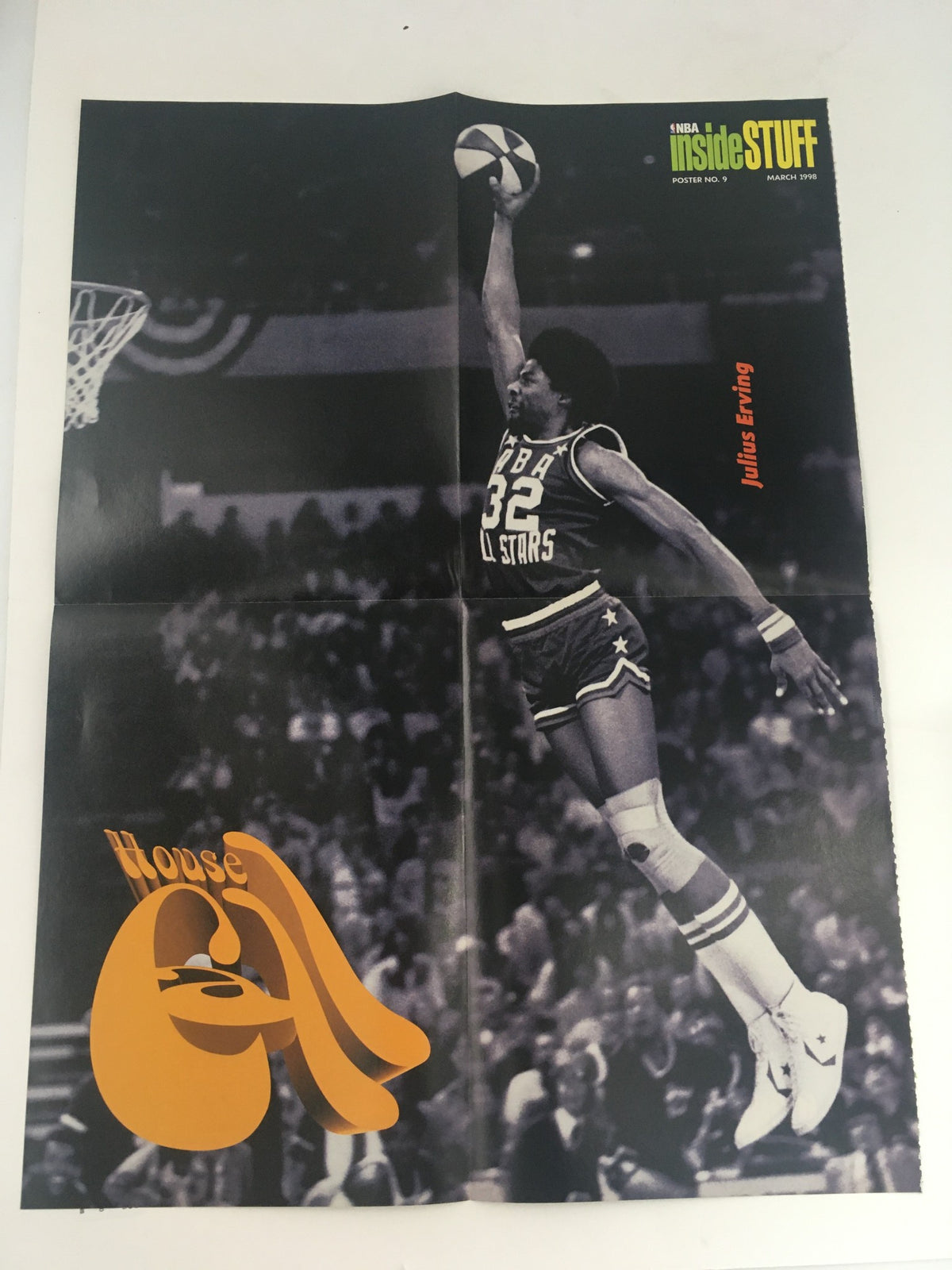 Inside Stuff Magazine March 1998 featuring a black and white poster of Julius Erving in action, showcasing his iconic slam dunk style. Includes the magazine's title and the poster number.