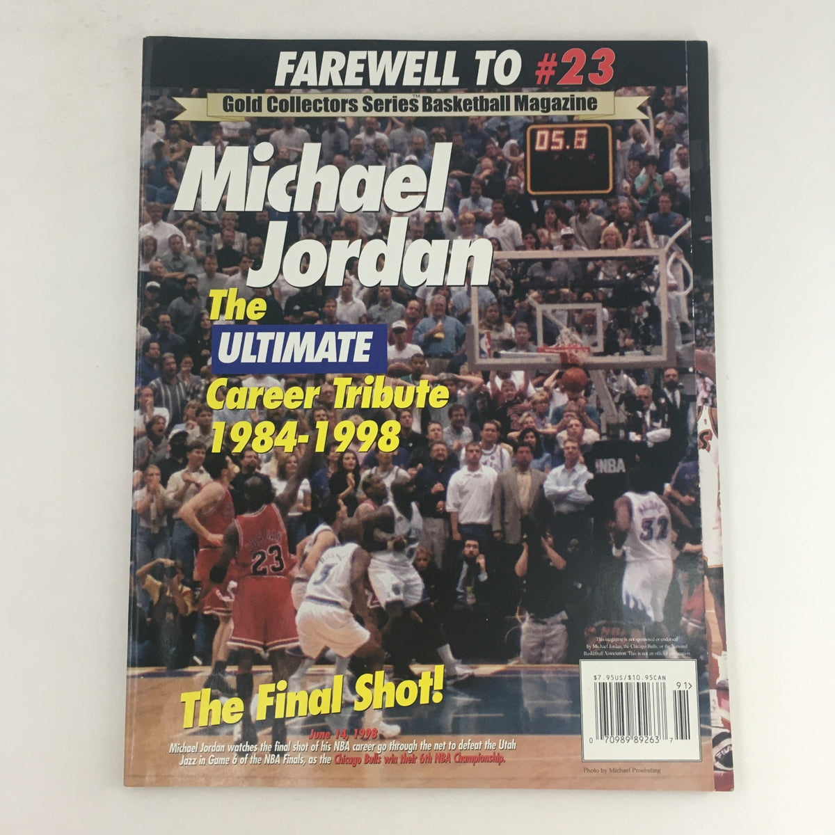 Cover of the Gold Basketball Magazine 1998 featuring Michael Jordan #23, titled 'The ULTIMATE Career Tribute 1984-1998'. The magazine commemorates MJ's final moments in basketball, highlighting his career and achievements with the Chicago Bulls.