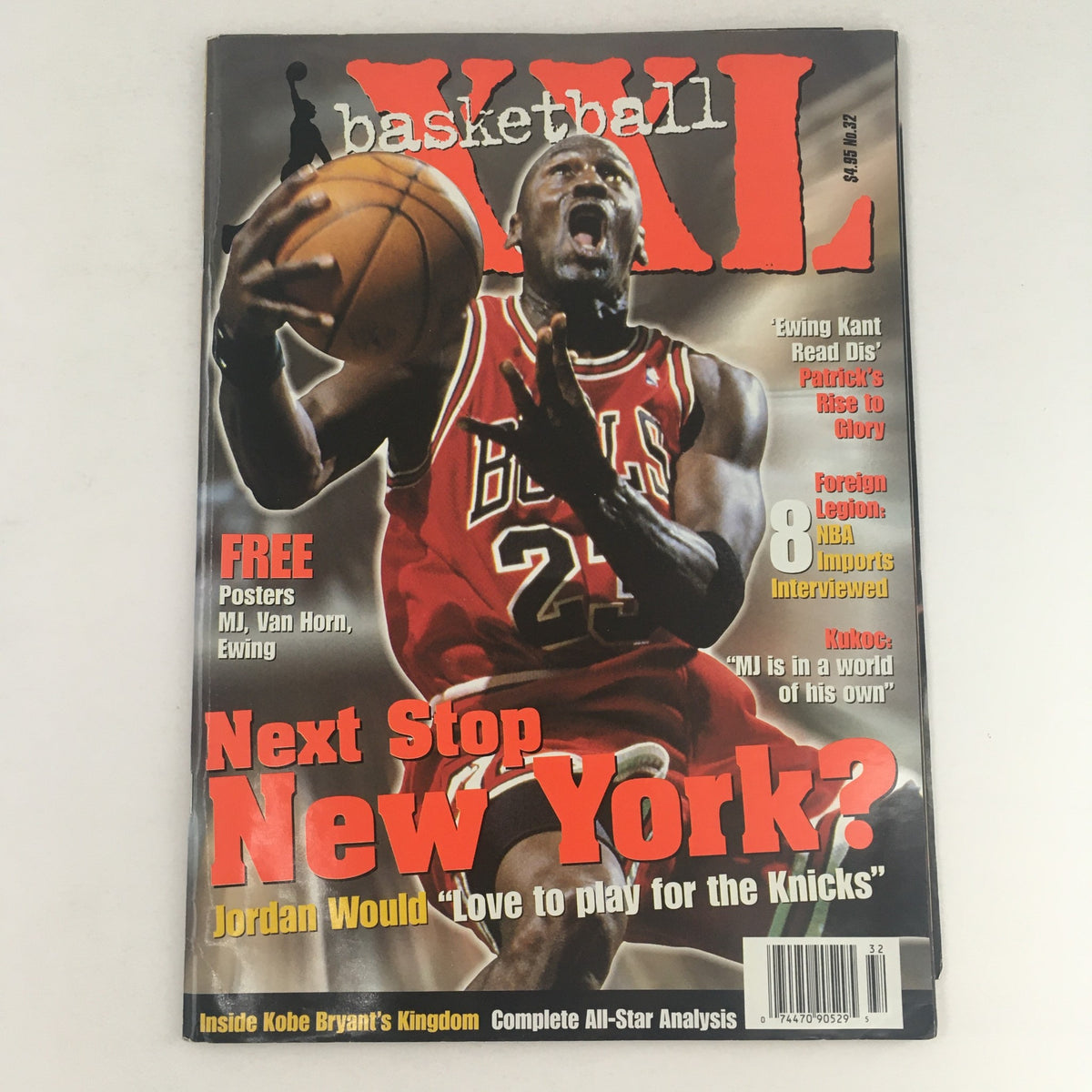 Cover of XXL Basketball Magazine from April 1998 featuring Michael Jordan in a Chicago Bulls jersey, promoting articles about NBA stars including Kobe Bryant, with a free poster offer.