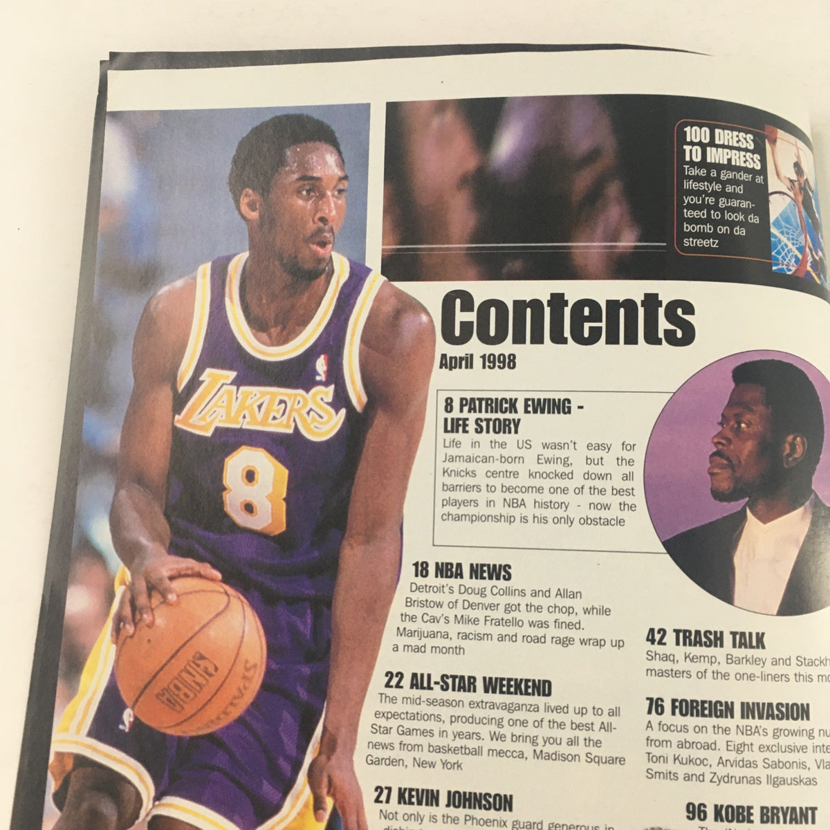 Contents page of XXL Basketball Magazine, April 1998, highlighting Patrick Ewing's life story and NBA news, with an image of Kobe Bryant in a Los Angeles Lakers jersey.