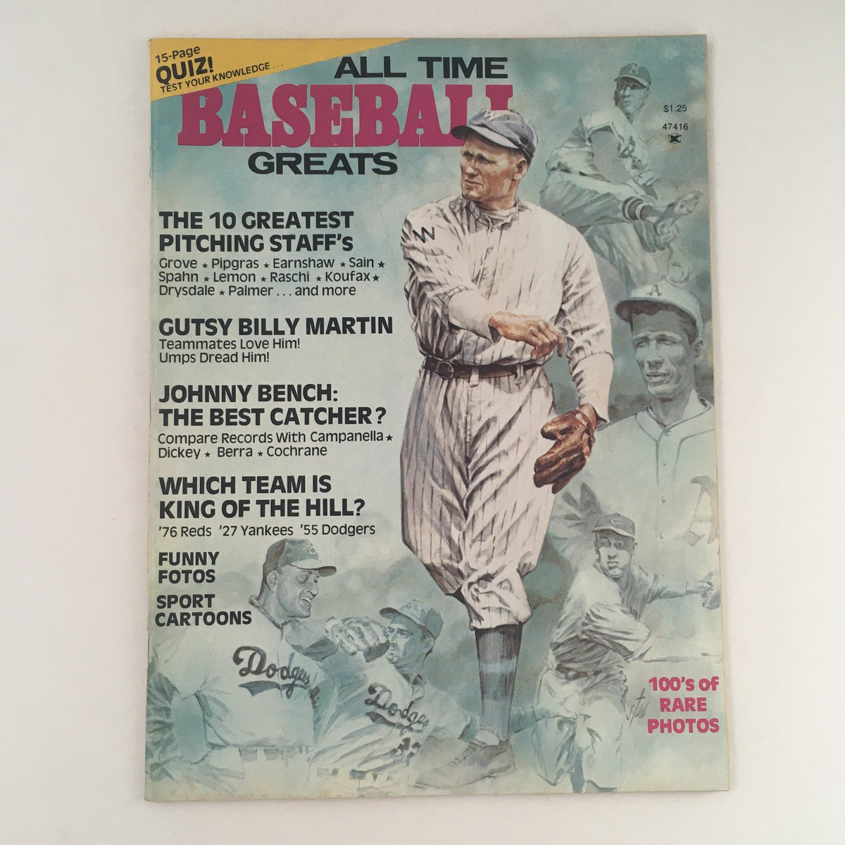 Cover of the 1976 All Time Baseball Greats magazine showcasing various baseball players, including a prominent image of Johnny Bench, featuring vibrant graphics and text highlighting baseball legends and trivia.